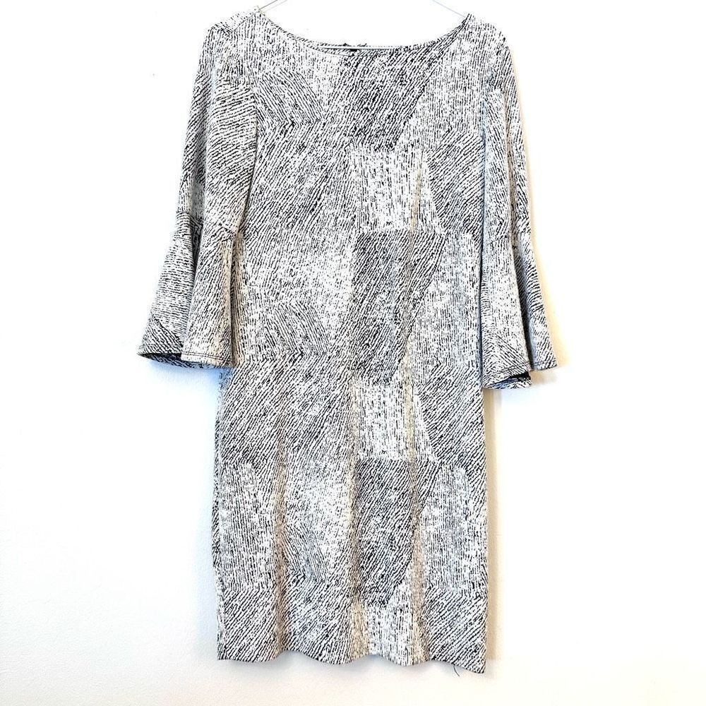 Sharagano Women's Boucle White Black 3/4 Bell Sleeves Shift Dress Size 4P